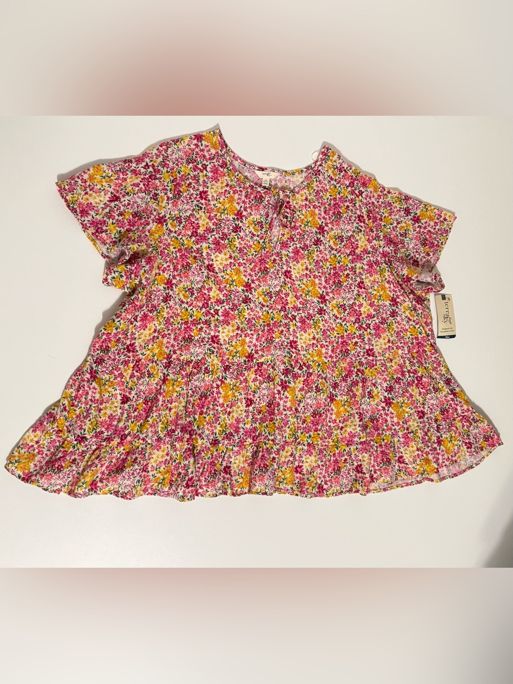 Terra & Sky Pink and Yellow Floral Ruffle Sleeve Blouse Sz. 4X